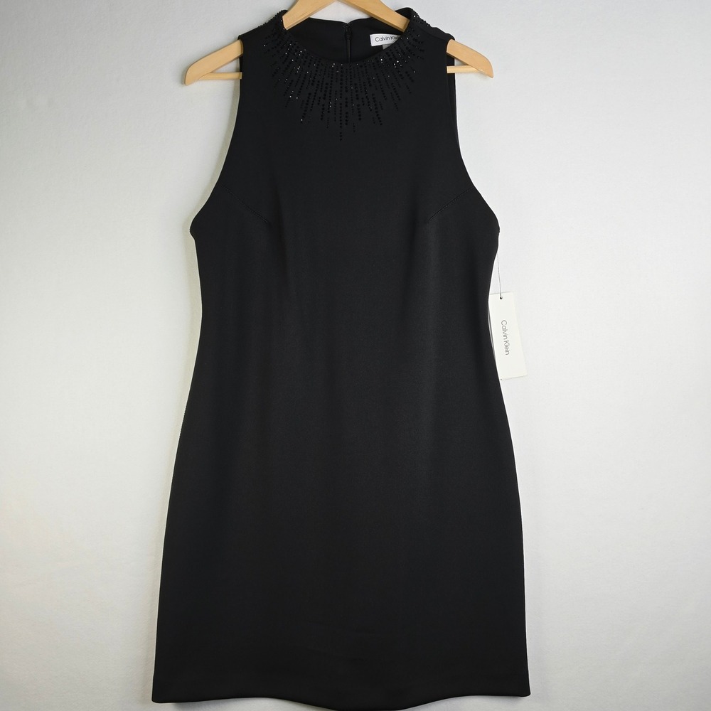 Calvin Klein Black Sleeveless Studded Neck Sheath Dress Size 12 NWT